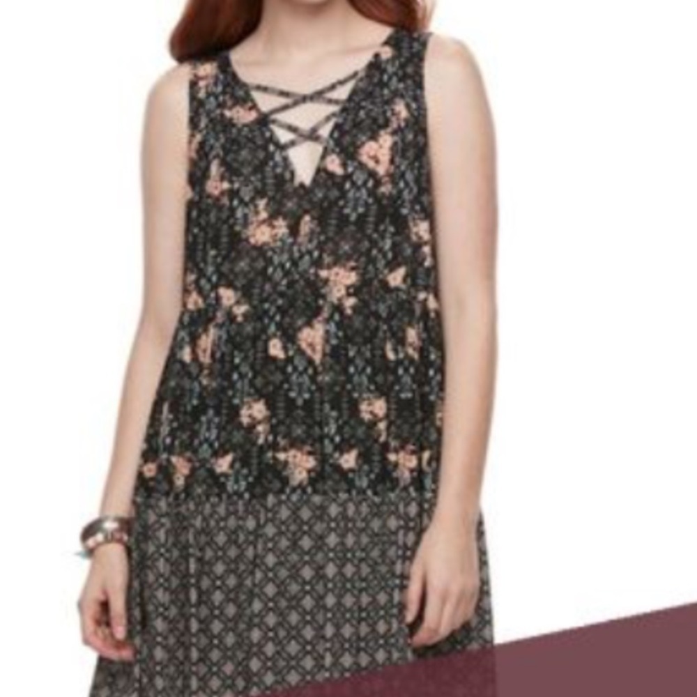 Rewind size medium Boho style dress with lining navy blue with pink floral print